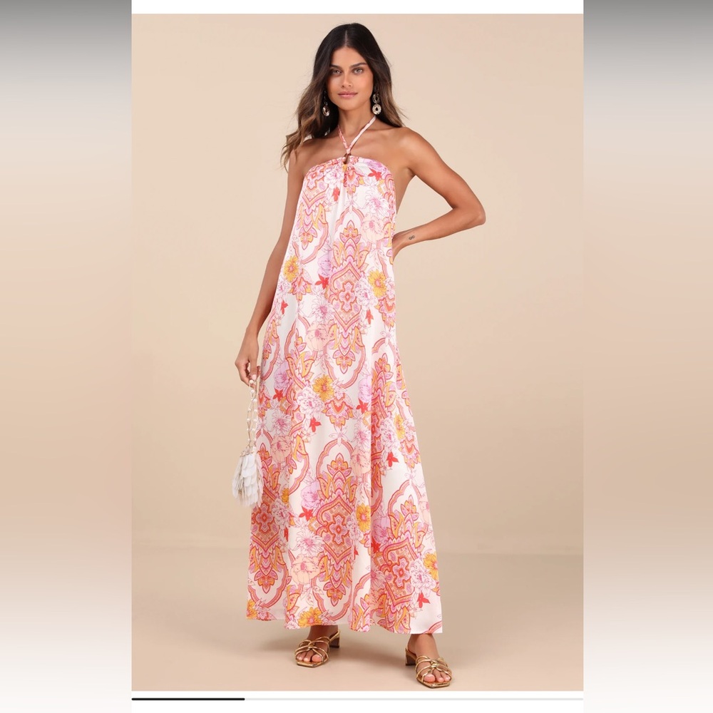 Lulu's Strapless Floral Maxi Dress - Pink and Orange